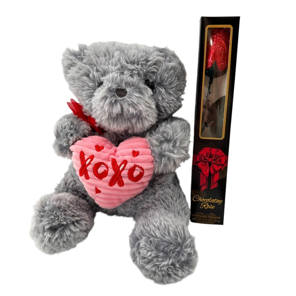 Grey Plush Teddy Bear "XOXO" Heart & Chocolate Rose Gift Set Valentine's Day 14"